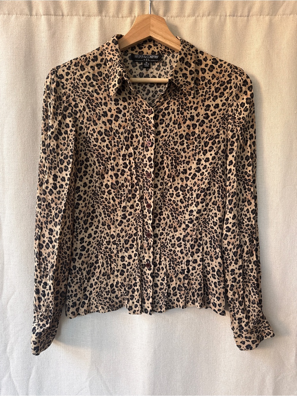 Vintage Leopard-Print Button-Up Blouse in Tan and Black
